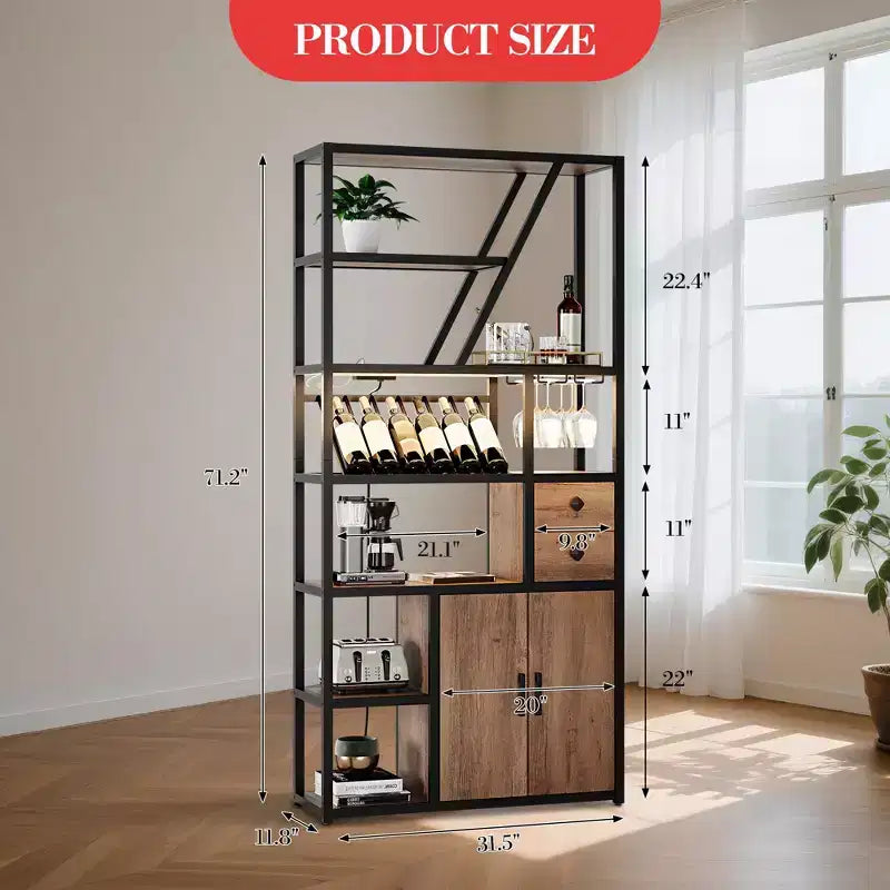 Armoire de bar haute de 71,2 po avec lumières DEL, prises de courant et porte-verres pour salon