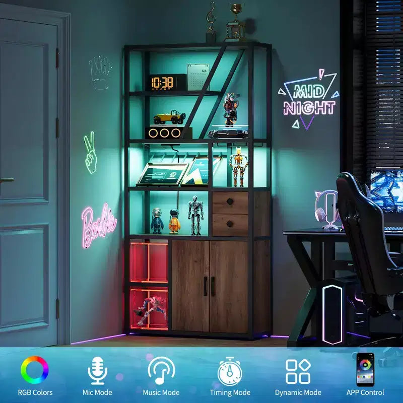 Armoire de bar haute de 71,2 po avec lumières DEL, prises de courant et porte-verres pour salon