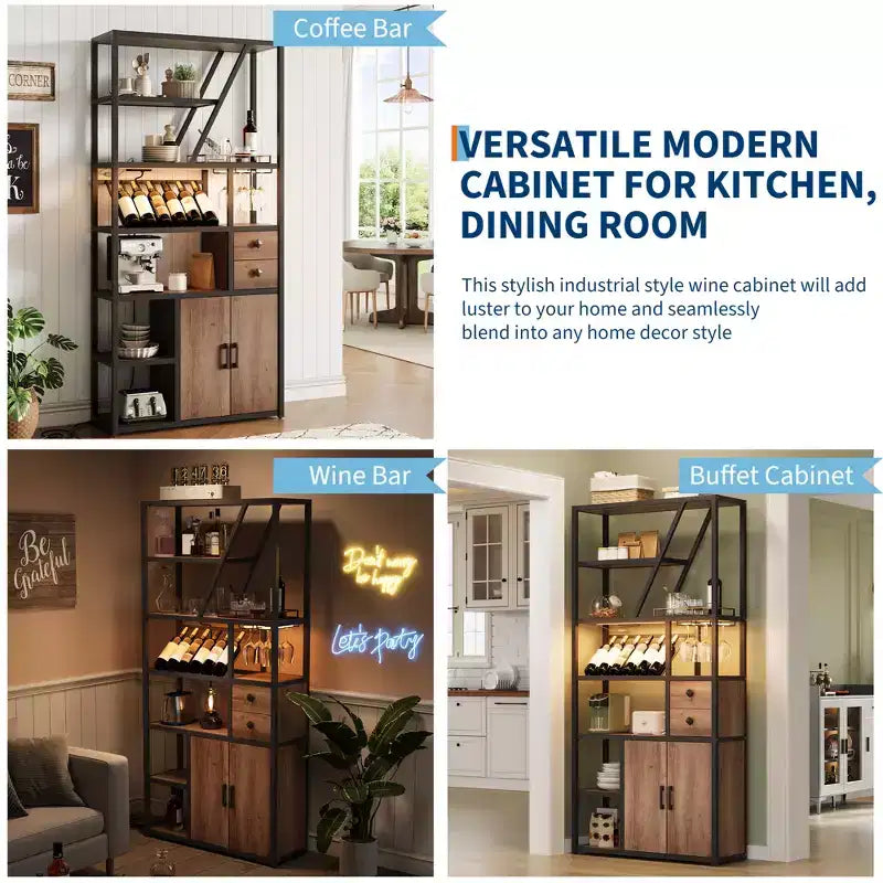Armoire de bar haute de 71,2 po avec lumières DEL, prises de courant et porte-verres pour salon
