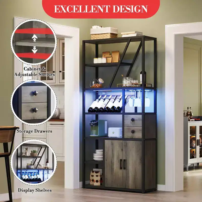 Armoire de bar haute de 71,2 po avec lumières DEL, prises de courant et porte-verres pour salon