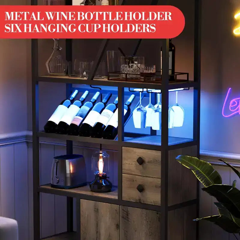 Armoire de bar haute de 71,2 po avec lumières DEL, prises de courant et porte-verres pour salon