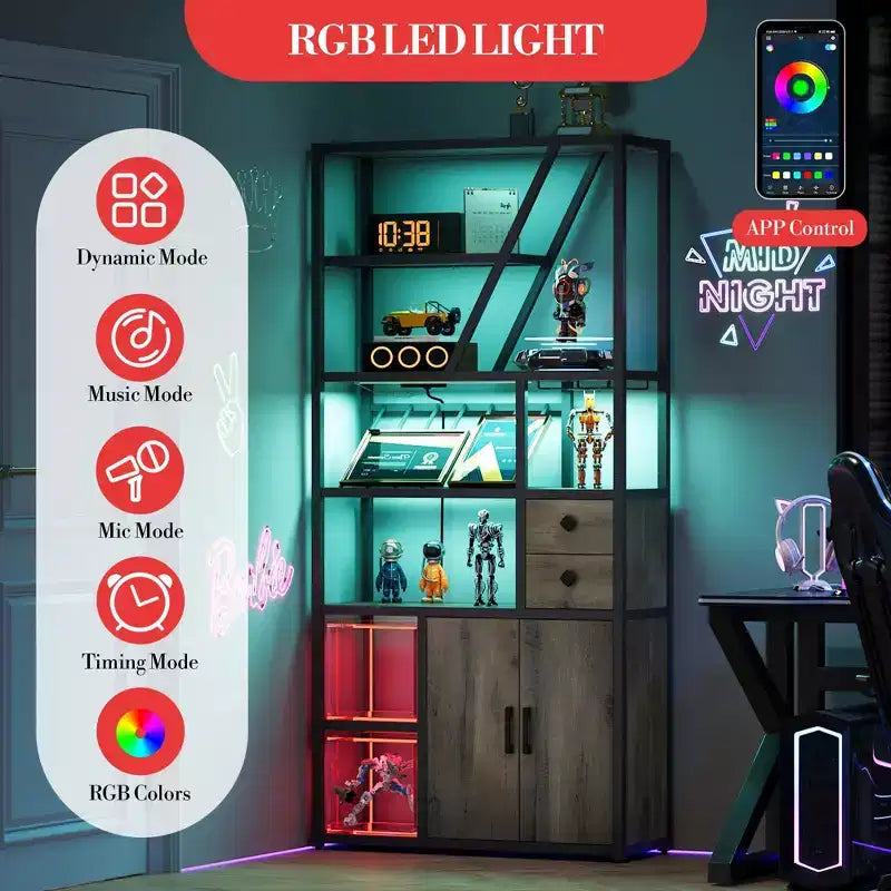 Armoire de bar haute de 71,2 po avec lumières DEL, prises de courant et porte-verres pour salon