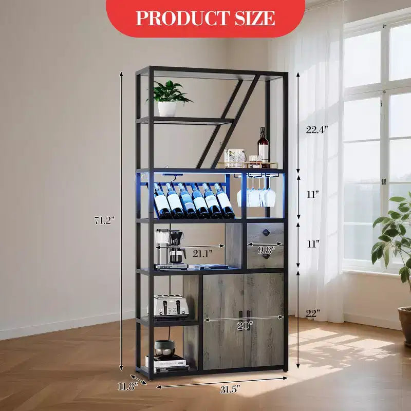 Armoire de bar haute de 71,2 po avec lumières DEL, prises de courant et porte-verres pour salon