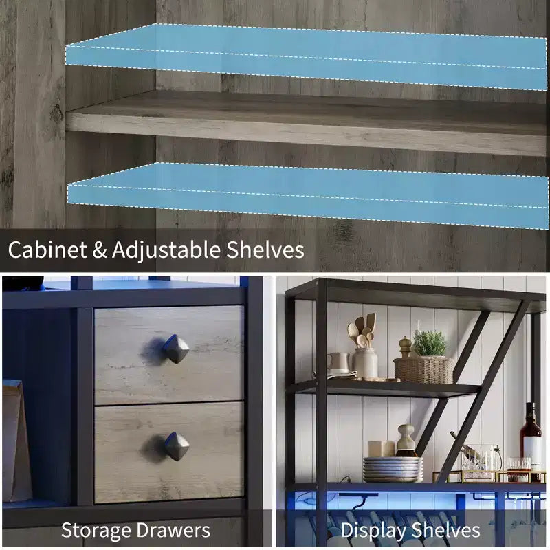 Armoire de bar haute de 71,2 po avec lumières DEL, prises de courant et porte-verres pour salon