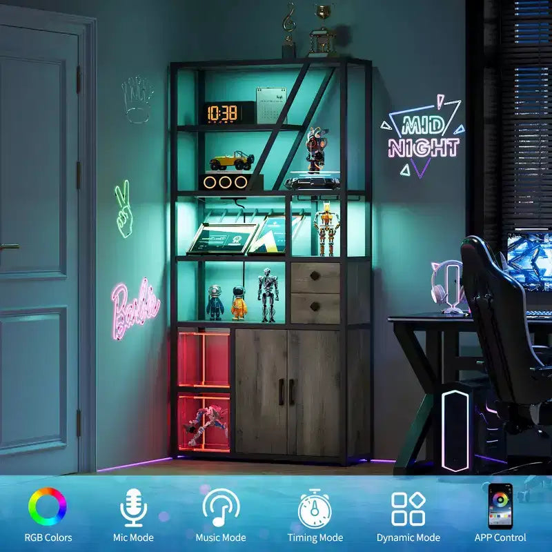 Armoire de bar haute de 71,2 po avec lumières DEL, prises de courant et porte-verres pour salon