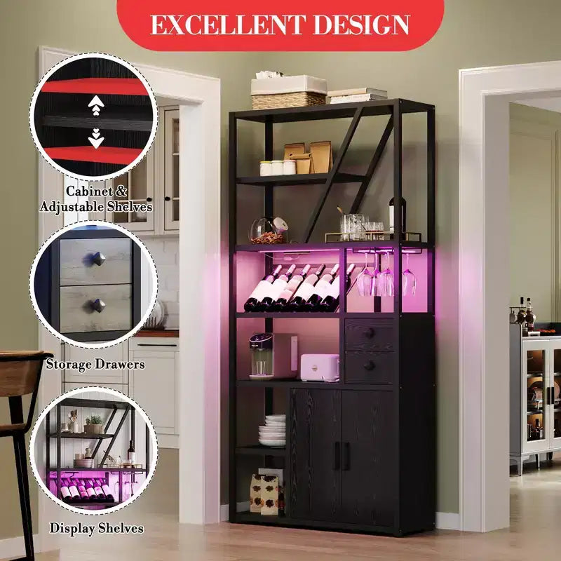 Armoire de bar haute de 71,2 po avec lumières DEL, prises de courant et porte-verres pour salon