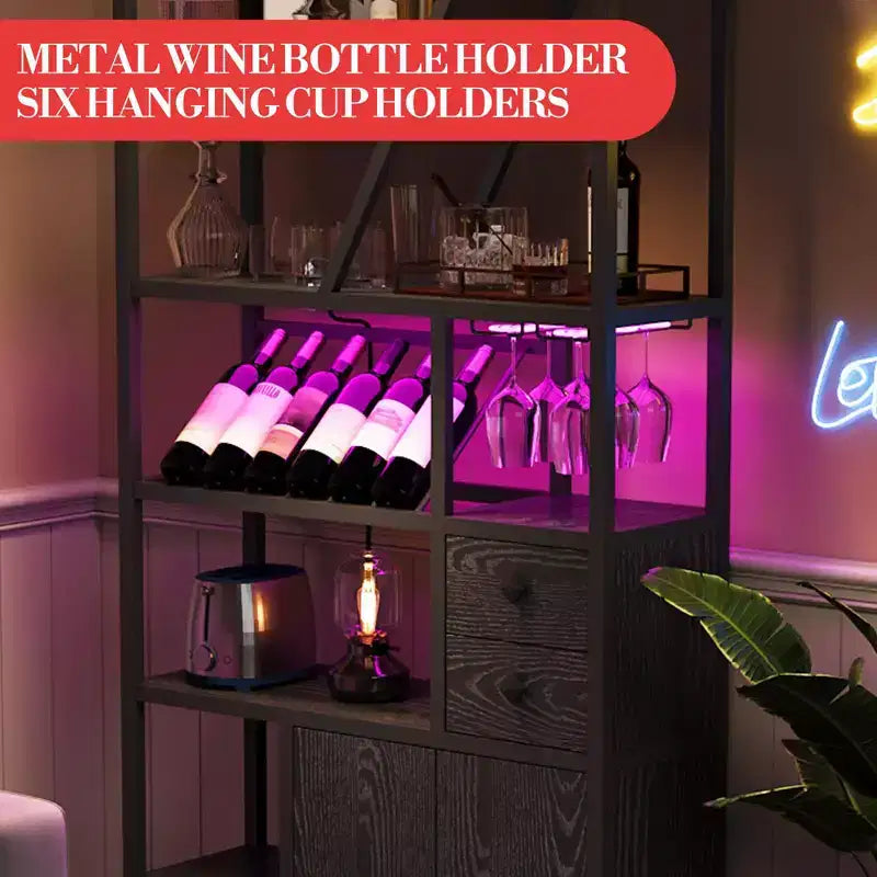 Armoire de bar haute de 71,2 po avec lumières DEL, prises de courant et porte-verres pour salon