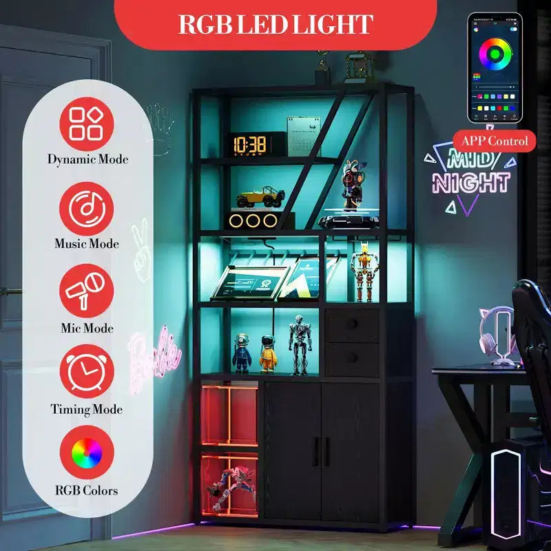 Armoire de bar haute de 71,2 po avec lumières DEL, prises de courant et porte-verres pour salon