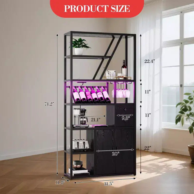 Armoire de bar haute de 71,2 po avec lumières DEL, prises de courant et porte-verres pour salon