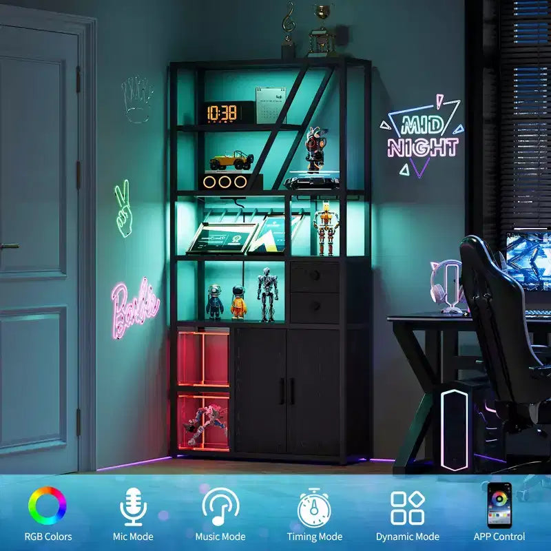 Armoire de bar haute de 71,2 po avec lumières DEL, prises de courant et porte-verres pour salon