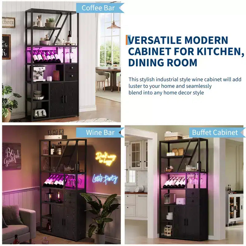 Armoire de bar haute de 71,2 po avec lumières DEL, prises de courant et porte-verres pour salon