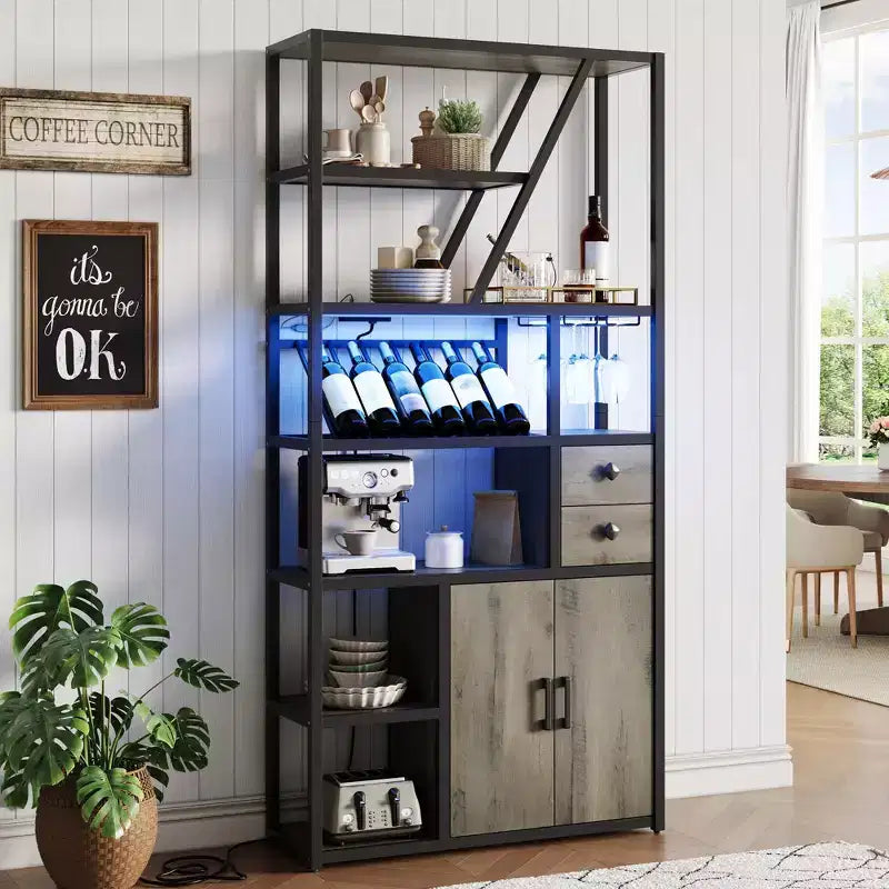 Armoire de bar haute de 71,2 po avec lumières DEL, prises de courant et porte-verres pour salon