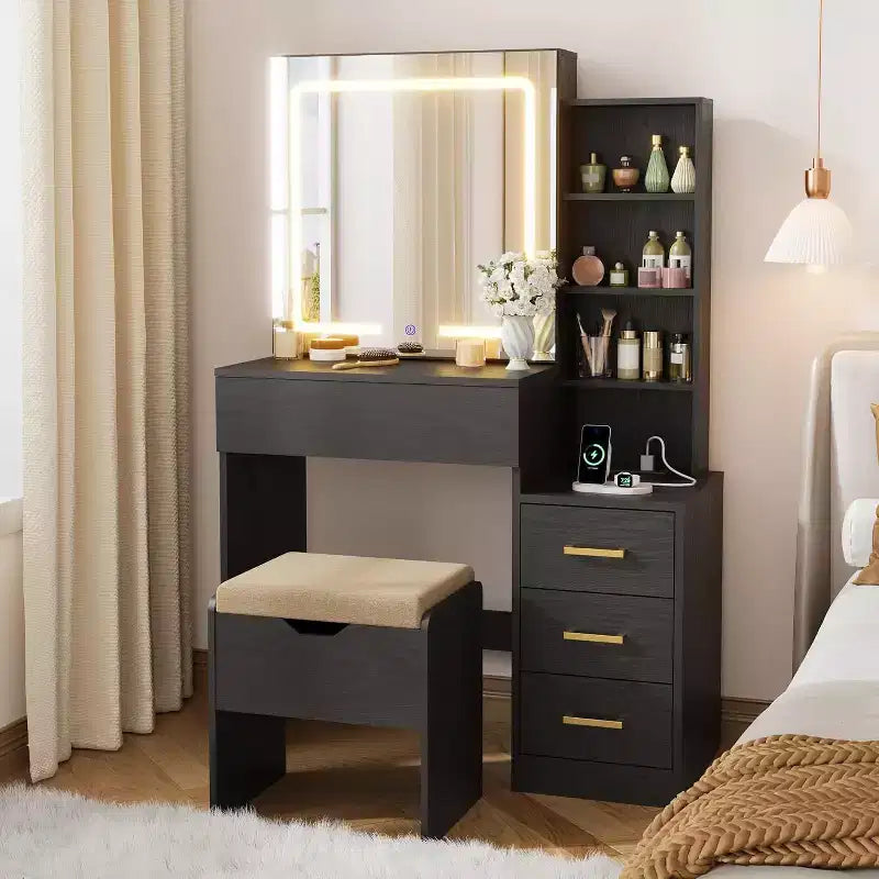 Coiffeuse avec Miroir et Lumières, Coiffeuse de Maquillage Moderne, Ensemble Coiffeuse et Chaise avec 4 Tiroirs et 7 Étagères de Rangement, Luminosité Réglable