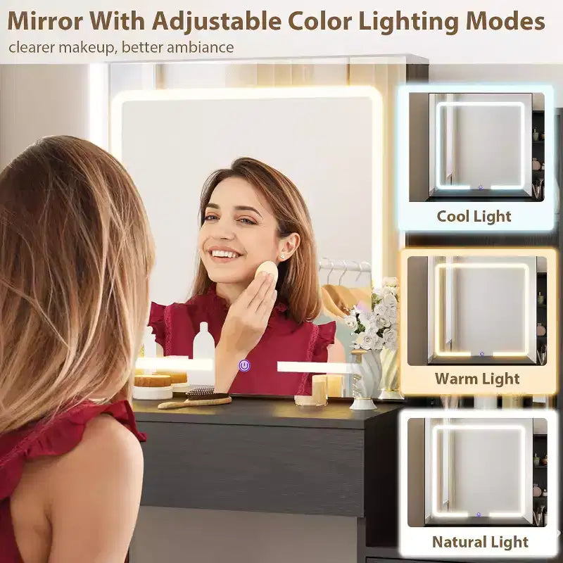 Coiffeuse avec Miroir et Lumières, Coiffeuse de Maquillage Moderne, Ensemble Coiffeuse et Chaise avec 4 Tiroirs et 7 Étagères de Rangement, Luminosité Réglable