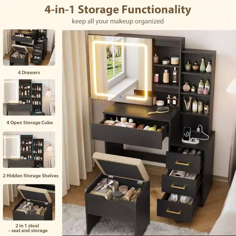 Coiffeuse avec Miroir et Lumières, Coiffeuse de Maquillage Moderne, Ensemble Coiffeuse et Chaise avec 4 Tiroirs et 7 Étagères de Rangement, Luminosité Réglable