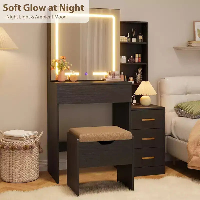 Coiffeuse avec Miroir et Lumières, Coiffeuse de Maquillage Moderne, Ensemble Coiffeuse et Chaise avec 4 Tiroirs et 7 Étagères de Rangement, Luminosité Réglable
