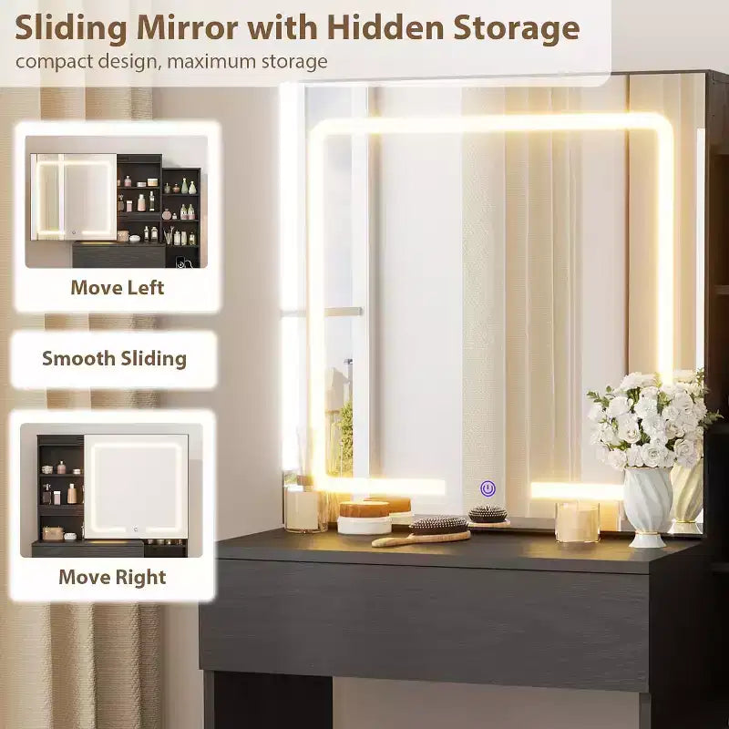 Coiffeuse avec Miroir et Lumières, Coiffeuse de Maquillage Moderne, Ensemble Coiffeuse et Chaise avec 4 Tiroirs et 7 Étagères de Rangement, Luminosité Réglable
