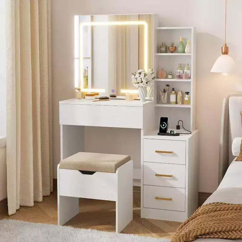 Coiffeuse avec Miroir et Lumières, Coiffeuse de Maquillage Moderne, Ensemble Coiffeuse et Chaise avec 4 Tiroirs et 7 Étagères de Rangement, Luminosité Réglable