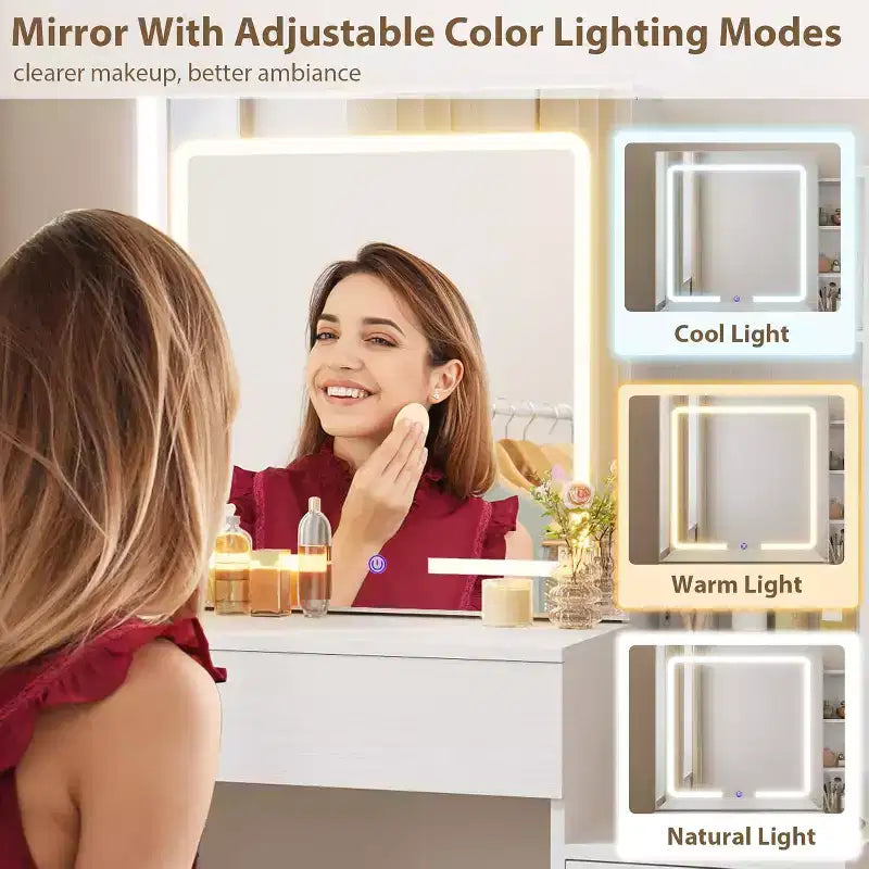 Coiffeuse avec Miroir et Lumières, Coiffeuse de Maquillage Moderne, Ensemble Coiffeuse et Chaise avec 4 Tiroirs et 7 Étagères de Rangement, Luminosité Réglable
