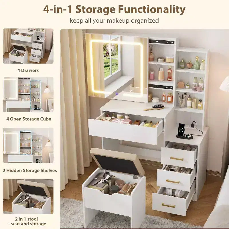 Coiffeuse avec Miroir et Lumières, Coiffeuse de Maquillage Moderne, Ensemble Coiffeuse et Chaise avec 4 Tiroirs et 7 Étagères de Rangement, Luminosité Réglable
