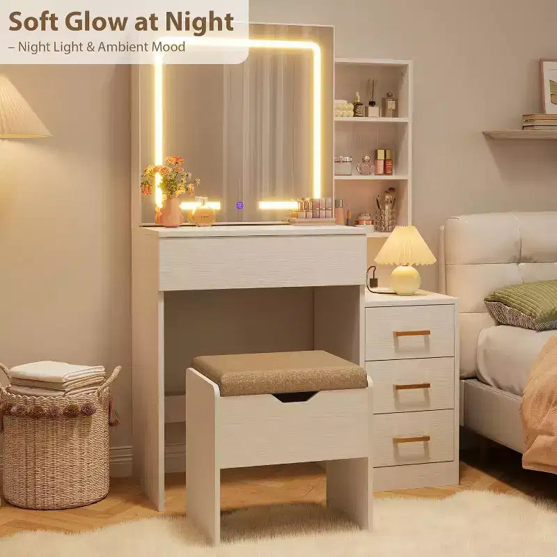 Coiffeuse avec Miroir et Lumières, Coiffeuse de Maquillage Moderne, Ensemble Coiffeuse et Chaise avec 4 Tiroirs et 7 Étagères de Rangement, Luminosité Réglable