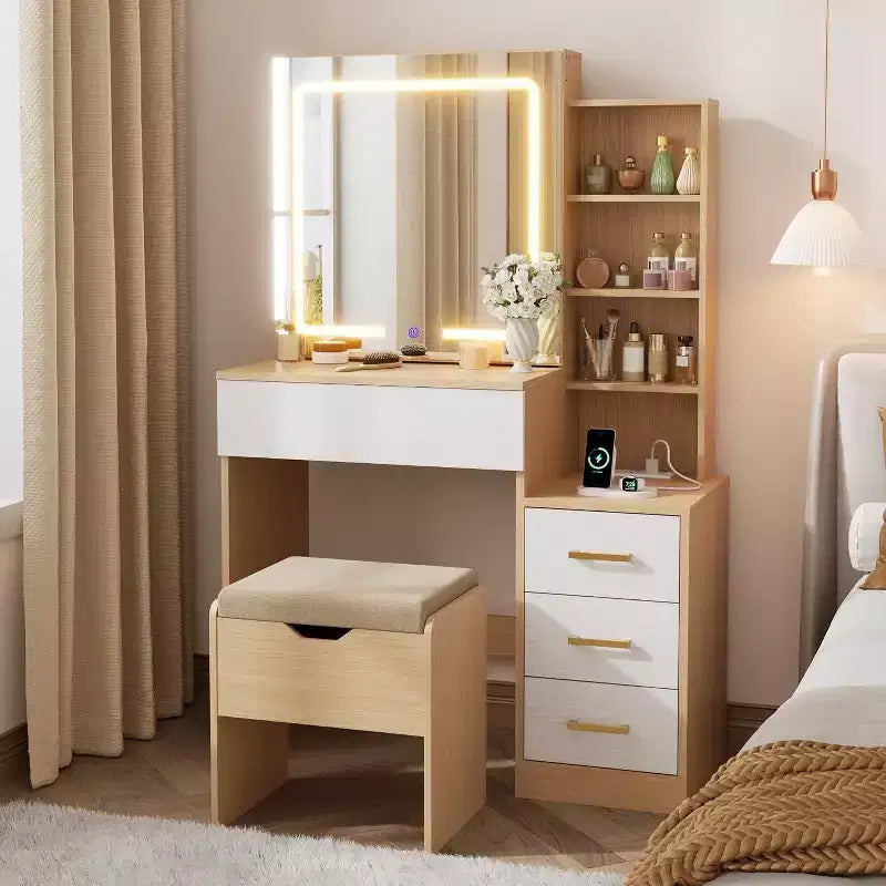 Coiffeuse avec Miroir et Lumières, Coiffeuse de Maquillage Moderne, Ensemble Coiffeuse et Chaise avec 4 Tiroirs et 7 Étagères de Rangement, Luminosité Réglable