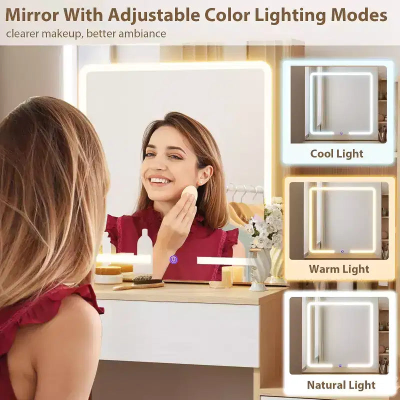 Coiffeuse avec Miroir et Lumières, Coiffeuse de Maquillage Moderne, Ensemble Coiffeuse et Chaise avec 4 Tiroirs et 7 Étagères de Rangement, Luminosité Réglable
