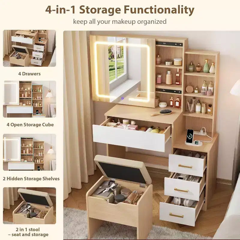 Coiffeuse avec Miroir et Lumières, Coiffeuse de Maquillage Moderne, Ensemble Coiffeuse et Chaise avec 4 Tiroirs et 7 Étagères de Rangement, Luminosité Réglable