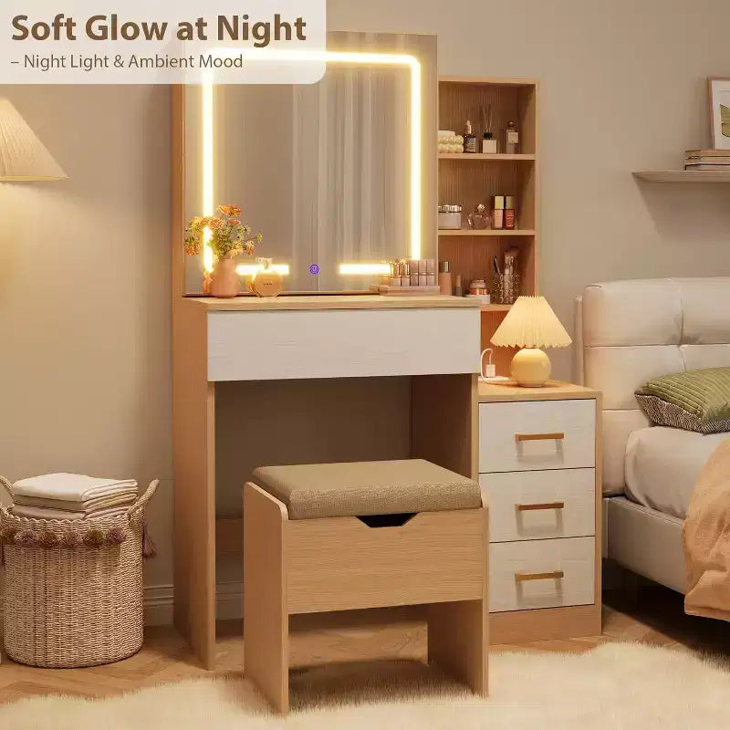 Coiffeuse avec Miroir et Lumières, Coiffeuse de Maquillage Moderne, Ensemble Coiffeuse et Chaise avec 4 Tiroirs et 7 Étagères de Rangement, Luminosité Réglable