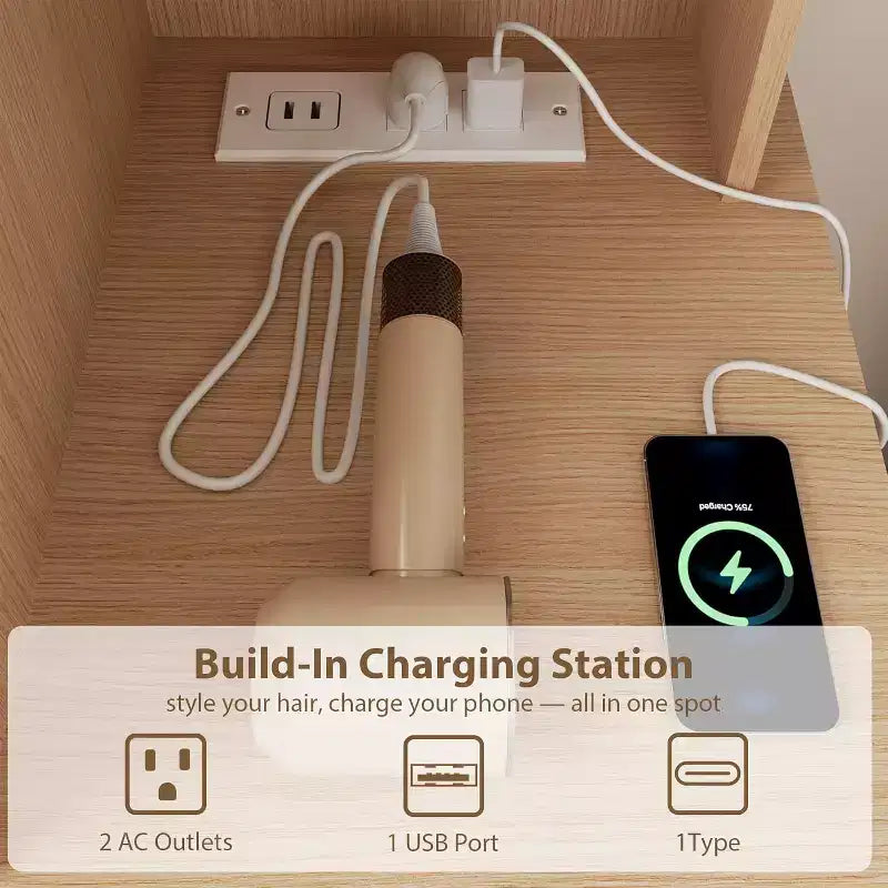 Coiffeuse avec Miroir et Lumières, Coiffeuse de Maquillage Moderne, Ensemble Coiffeuse et Chaise avec 4 Tiroirs et 7 Étagères de Rangement, Luminosité Réglable