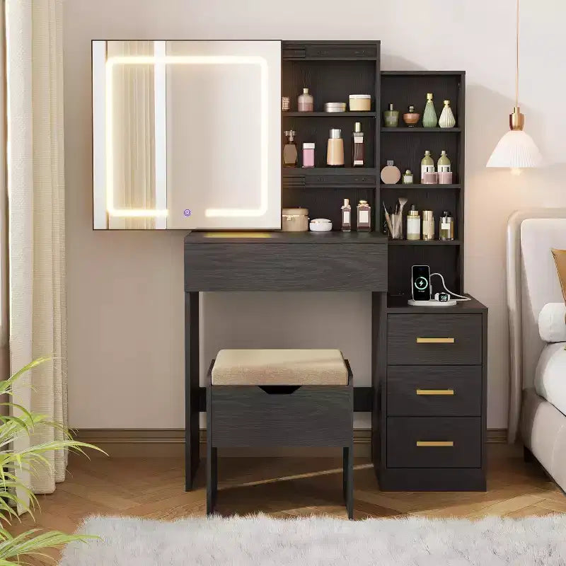 Coiffeuse avec Miroir et Lumières, Coiffeuse de Maquillage Moderne, Ensemble Coiffeuse et Chaise avec 4 Tiroirs et 7 Étagères de Rangement, Luminosité Réglable