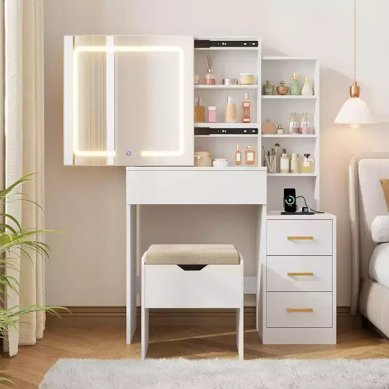 Coiffeuse avec Miroir et Lumières, Coiffeuse de Maquillage Moderne, Ensemble Coiffeuse et Chaise avec 4 Tiroirs et 7 Étagères de Rangement, Luminosité Réglable