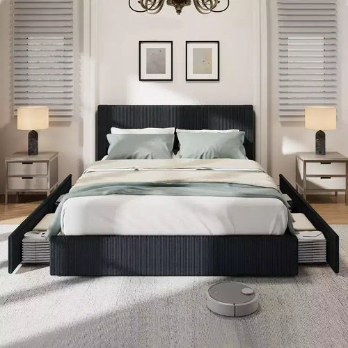 Acekool Corduroy Bed Frame with Headboard, Upholstered Platform with 4 Storage Drawers, Wood Slat Support, No Box Spring Needed