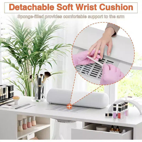 Table de manucure blanche Acekool 42,5 po avec collecteur de poussière, repose-poignet, 2 tiroirs, armoire et 4 étagères Station de styliste ongulaire pour la maison et le salon