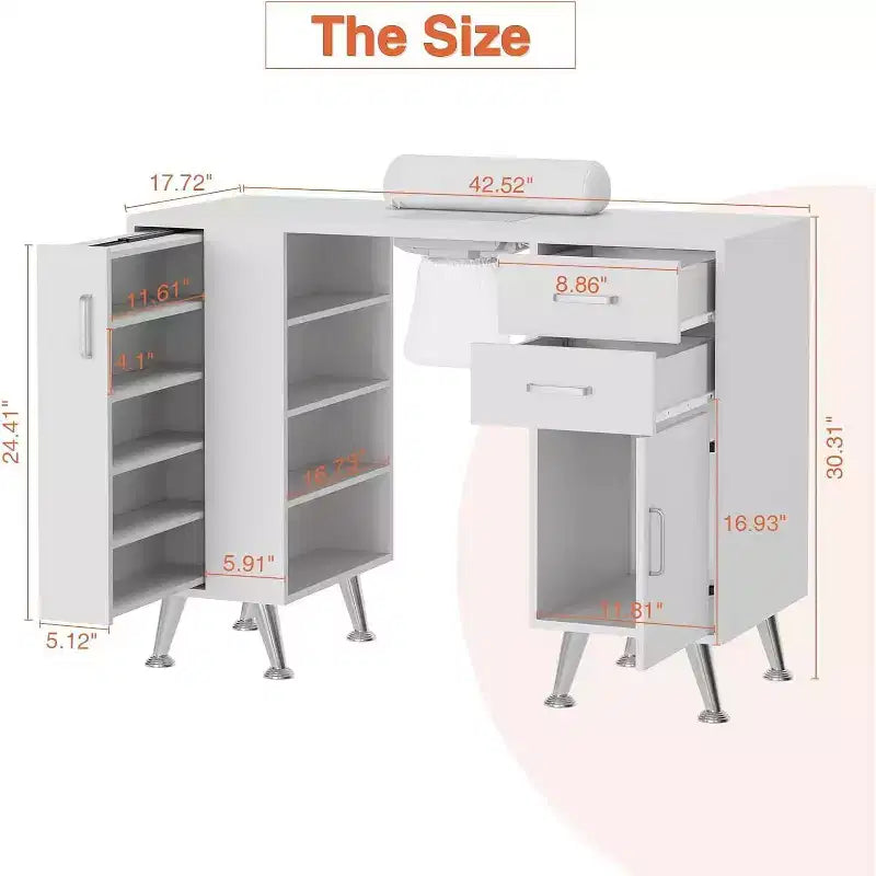 Table de manucure blanche Acekool 42,5 po avec collecteur de poussière, repose-poignet, 2 tiroirs, armoire et 4 étagères Station de styliste ongulaire pour la maison et le salon