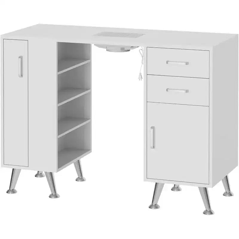 Table de manucure blanche Acekool 42,5 po avec collecteur de poussière, repose-poignet, 2 tiroirs, armoire et 4 étagères Station de styliste ongulaire pour la maison et le salon