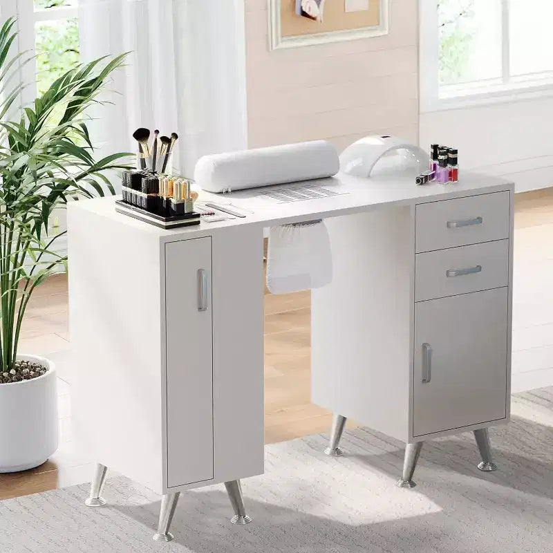Table de manucure blanche Acekool 42,5 po avec collecteur de poussière, repose-poignet, 2 tiroirs, armoire et 4 étagères Station de styliste ongulaire pour la maison et le salon