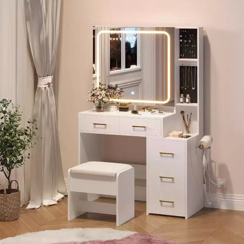 Coiffeuse blanche Acekool avec miroir LED et lumières, 5 tiroirs, tabouret de rangement, prise de courant et éclairage réglable 3 couleurs pour chambre à coucher