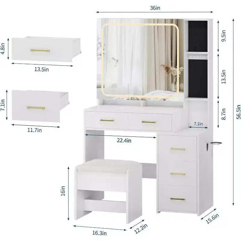 Coiffeuse blanche Acekool avec miroir LED et lumières, 5 tiroirs, tabouret de rangement, prise de courant et éclairage réglable 3 couleurs pour chambre à coucher
