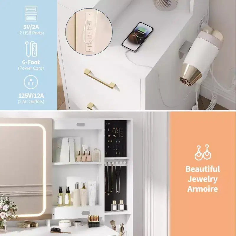 Coiffeuse blanche Acekool avec miroir LED et lumières, 5 tiroirs, tabouret de rangement, prise de courant et éclairage réglable 3 couleurs pour chambre à coucher