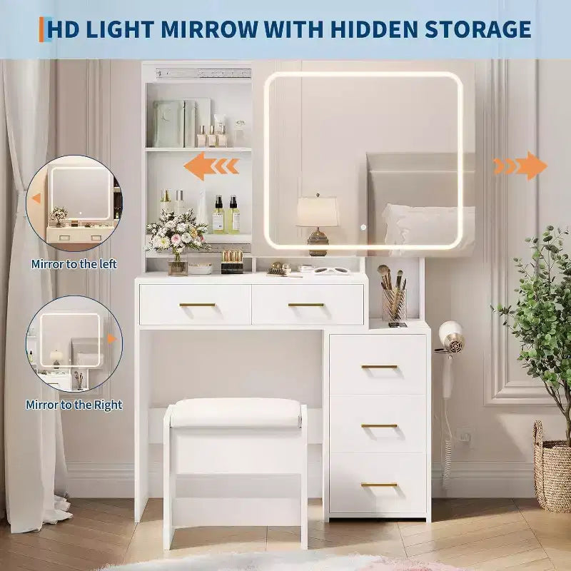 Coiffeuse blanche Acekool avec miroir LED et lumières, 5 tiroirs, tabouret de rangement, prise de courant et éclairage réglable 3 couleurs pour chambre à coucher