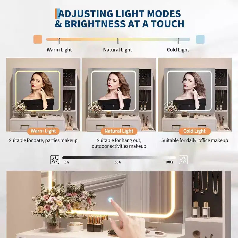 Coiffeuse blanche Acekool avec miroir LED et lumières, 5 tiroirs, tabouret de rangement, prise de courant et éclairage réglable 3 couleurs pour chambre à coucher