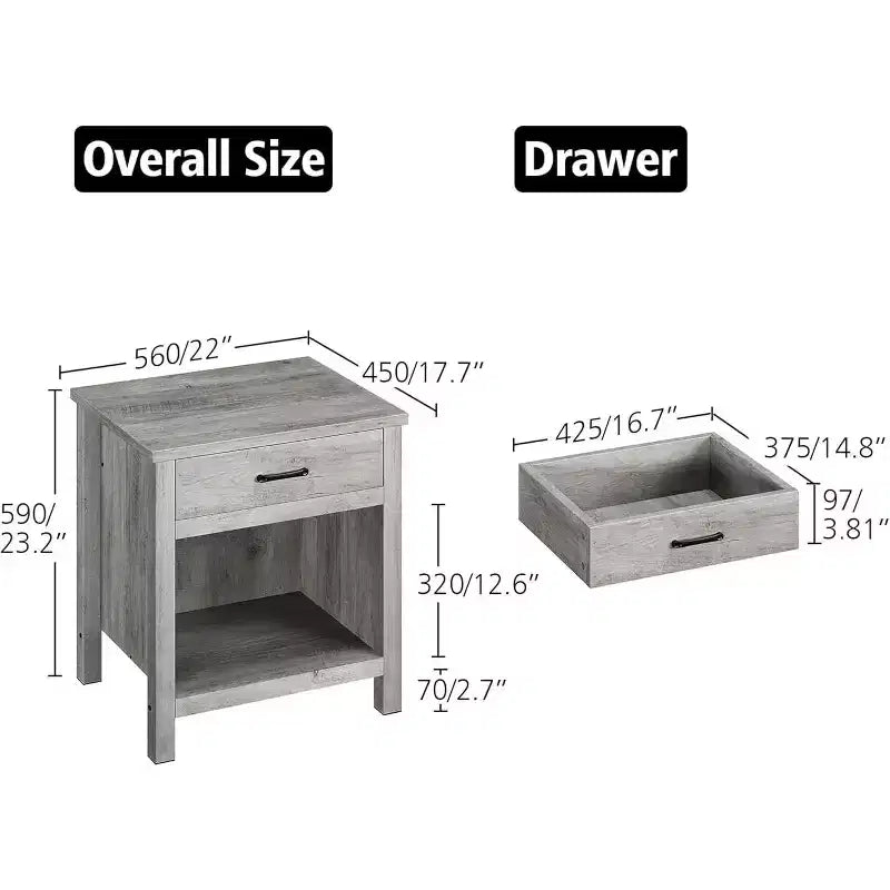 Acekool Table de chevet de ferme, lot de 2, tables d'appoint grises avec tiroir et étagère ouverte, tables de chevet modernes pour chambre à coucher, salon, bureau