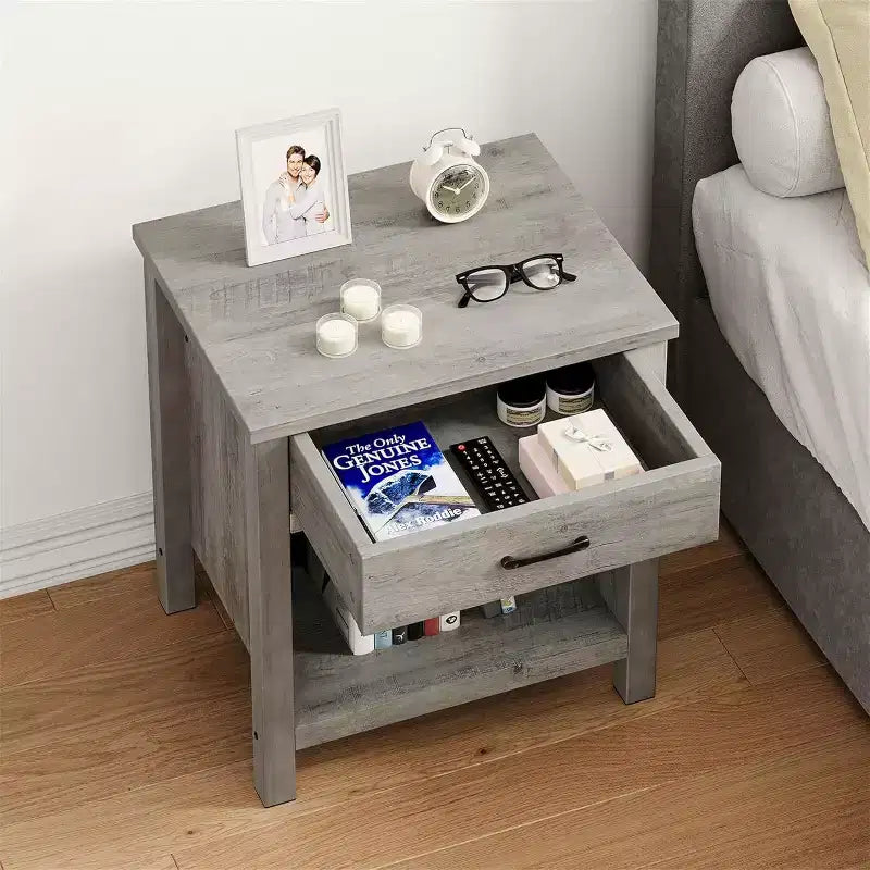 Acekool Table de chevet de ferme, lot de 2, tables d'appoint grises avec tiroir et étagère ouverte, tables de chevet modernes pour chambre à coucher, salon, bureau