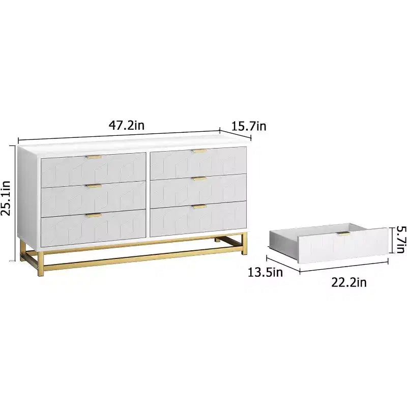 Commode Acekool grise à 6 tiroirs avec poignées et pieds en métal doré, commode moderne pour chambre à coucher, couloir, rangement d'entrée