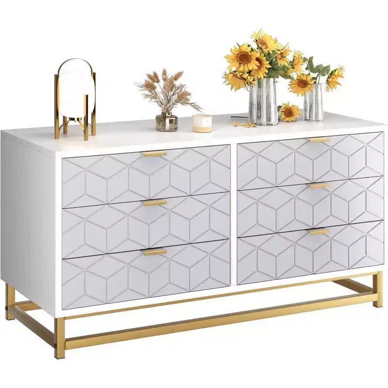 Commode Acekool grise à 6 tiroirs avec poignées et pieds en métal doré, commode moderne pour chambre à coucher, couloir, rangement d'entrée