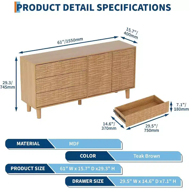 Acekool 61 Buffet Mid-Century - Bahut en Bois Naturel avec 3 Tiroirs, 2 Portes et Design Vague pour Salle à Manger, Cuisine