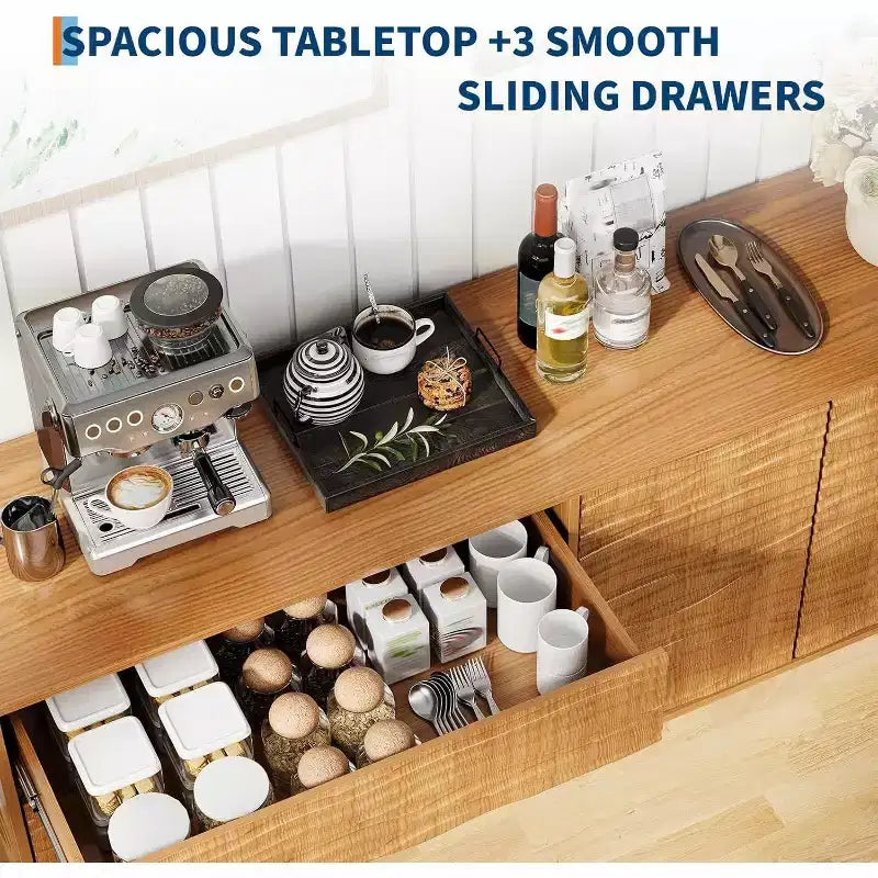 Acekool 61 Buffet Mid-Century - Bahut en Bois Naturel avec 3 Tiroirs, 2 Portes et Design Vague pour Salle à Manger, Cuisine