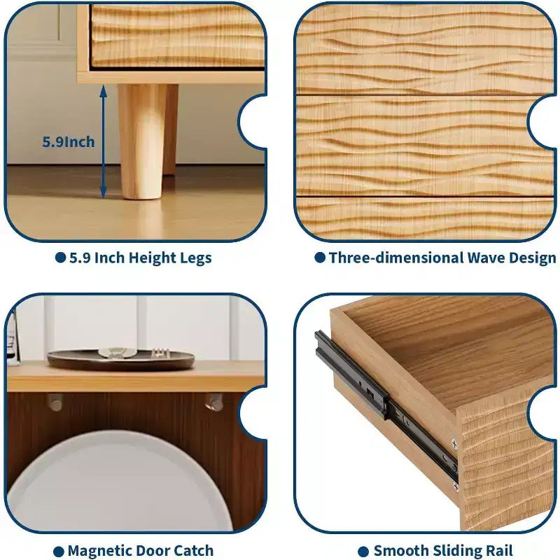 Acekool 61 Buffet Mid-Century - Bahut en Bois Naturel avec 3 Tiroirs, 2 Portes et Design Vague pour Salle à Manger, Cuisine