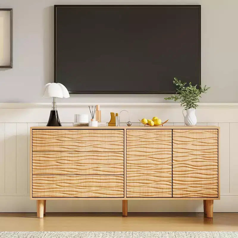 Acekool 61 Buffet Mid-Century - Bahut en Bois Naturel avec 3 Tiroirs, 2 Portes et Design Vague pour Salle à Manger, Cuisine